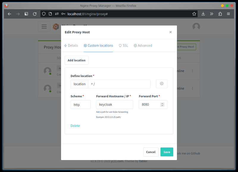 The custom locations for the 'auth.example.com' proxy host. A screenshot showing the 'Custom Locations' tab for the Keycloak host in NPM.