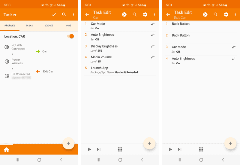 Overview of Tasker configuration. Three screenshots of my Tasker configuration showing the car profile and tasks.