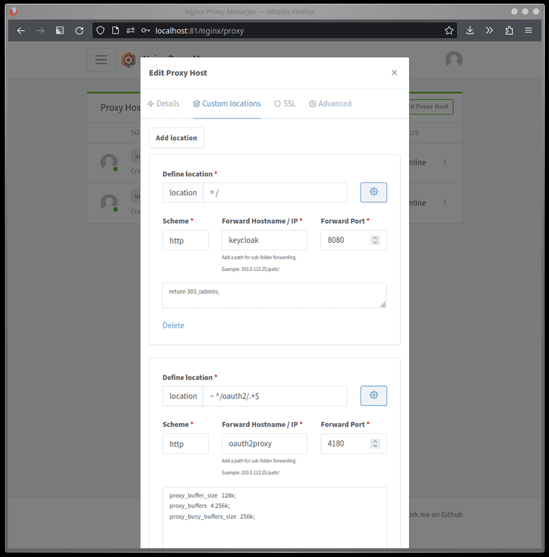 Screenshot of `auth.example.com` proxy host configuration. Screenshot showing two 'Custom locations' in the 'Edit Proxy Host' dialog inside the NPM dashboard.
