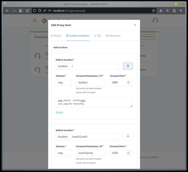 Screenshot of service proxy host configuration. Screenshot showing two 'Custom locations' in the 'Edit Proxy Host' dialog inside the NPM dashboard.