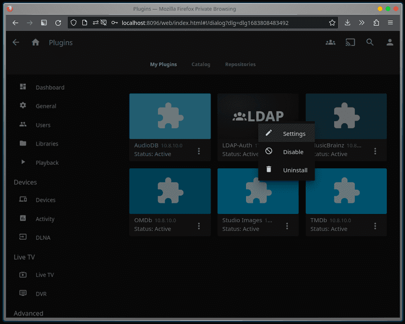 Screenshot of the Jellyfin Plugins page. Screenshot of the Jellfin Plugins page showing the "LDAP-Auth" plugin.