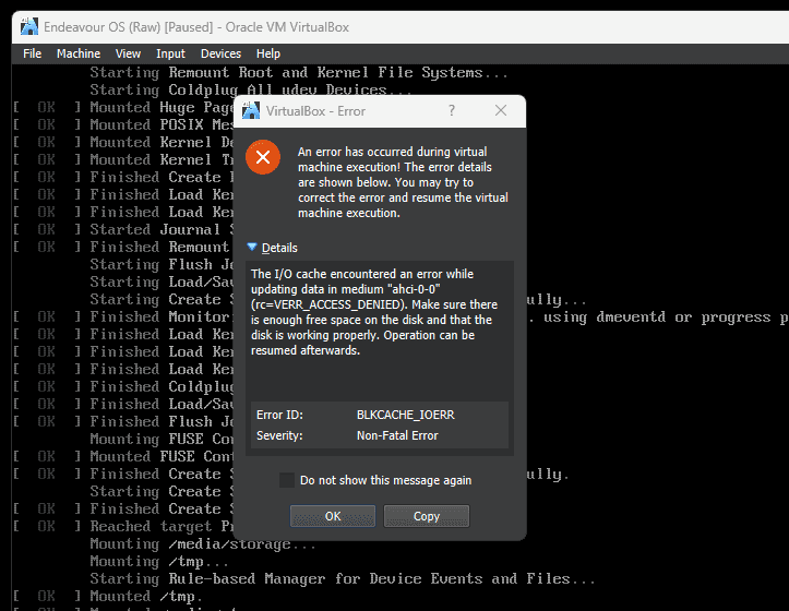 Possible boot error on Windows host Screenshot showing the boot error