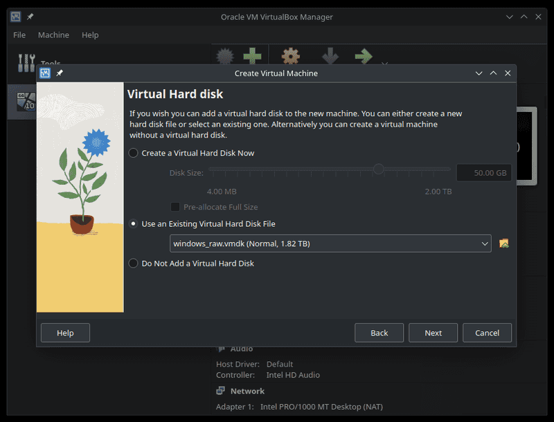 VirtualBox `Create Virtual Machine` wizard VirtualBox setup wizard allowing selection of a Virtual Hard Disk file.